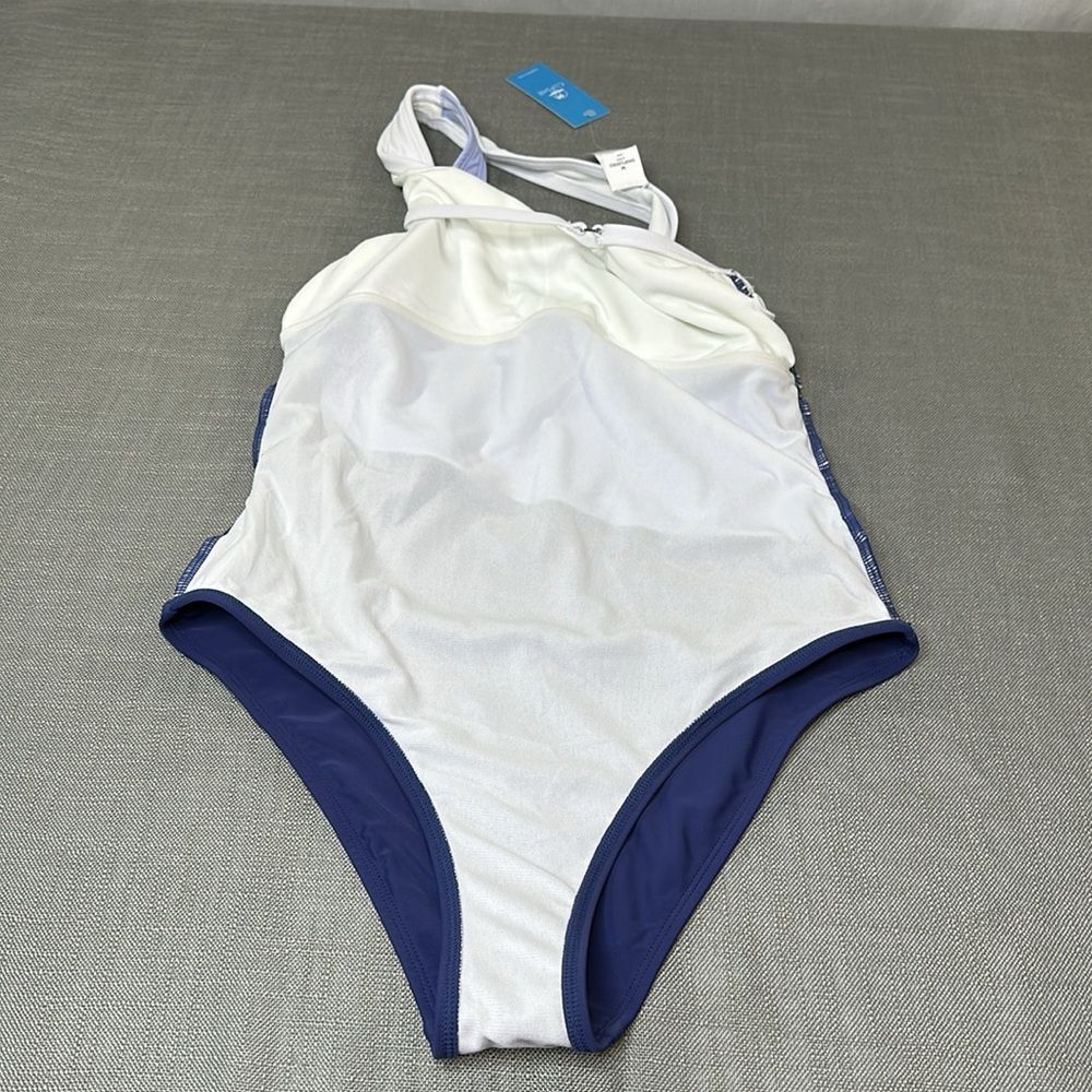 Cupshe Swimsuit Wm Medium Blue White Purple Stripe One Shoulder One Piece - Picture 4 of 14